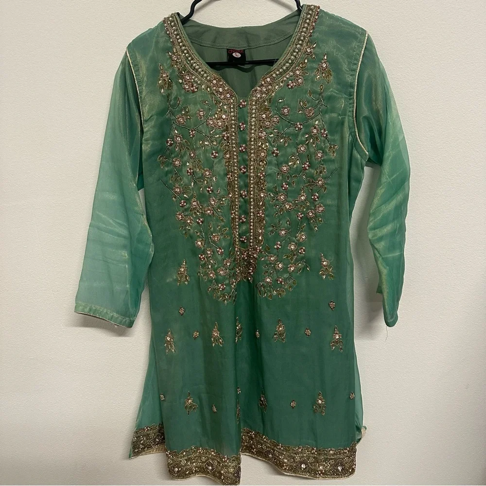 Two piece formal salwar kameez in a soft sea-green shade with intricate gold - Picture 3 of 9